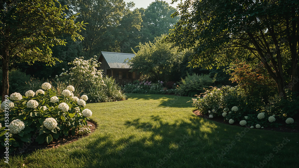 Obraz premium Sunlight gently filtering through trees in a peaceful garden with blooming hydrangeas