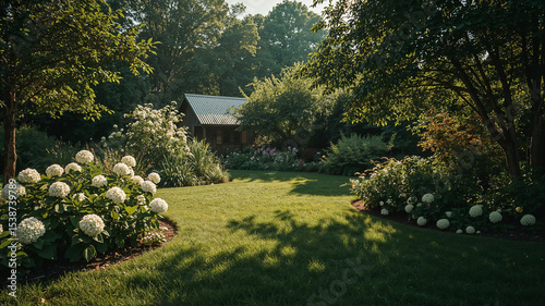 Sunlight gently filtering through trees in a peaceful garden with blooming hydrangeas