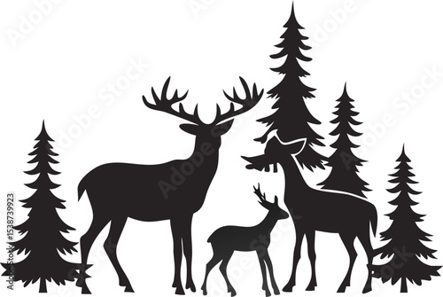 Black Silhouette Deer Family Group with Evergreen Trees Winter Forest Wildlife Nature Scene Illustration