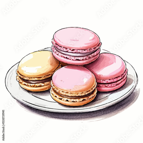 Charming hand-drawn illustration of colorful macarons on a white plate. Bright and glossy pastel tones perfect for dessert menus, cafe designs, or food-themed prints.