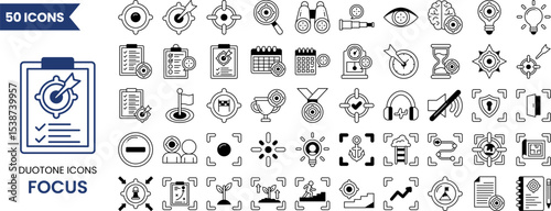 Focus icon set in duotone style. Icons related to focus, concentration, goals and more. Vector illustration