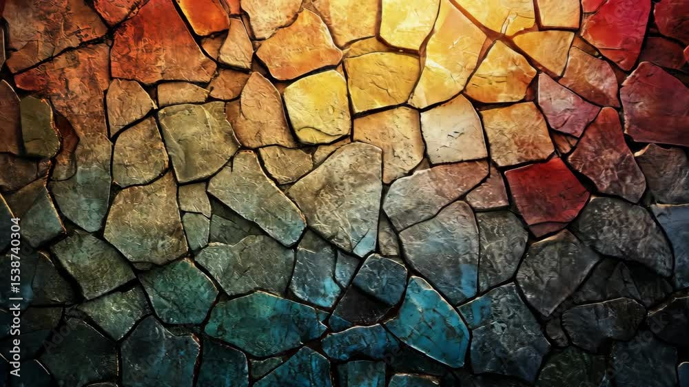 Vibrant multicolored stone wall texture, gradient hues from warm to cool tones, irregular shapes