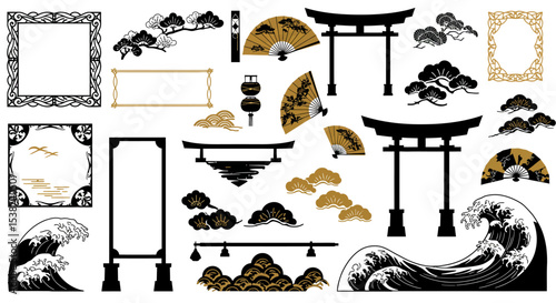 Traditional japanese elements: torii gates, waves, patterns, and fans in black and gold design vector illustration