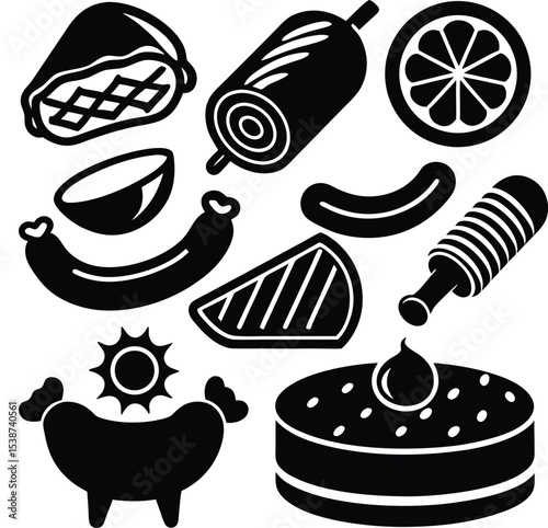 Collection of Black Silhouettes Representing Meats, Fruits, and Culinary Items