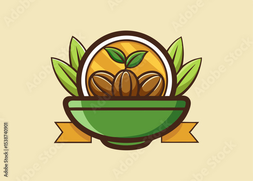 Dates in a wooden bowl with a mint leaf minimalist logo, Icon, element vector illustration