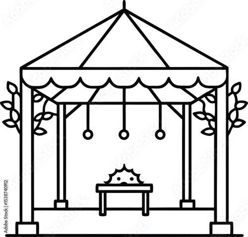 Outline Drawing of a Gazebo Decorated with Vines and a Small Table