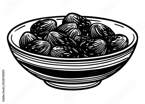 Arab food in bowl icon, Bowl of dried dates on Silhouette background