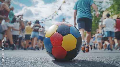 Vibrant Soccer Ball on Street with Crowd in Background During Daylight