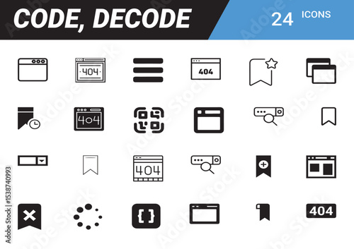 Code and Decode Icon Set: A comprehensive set of modern, sleek icons representing essential elements in web development and digital technology, perfect for enhancing your digital design. 