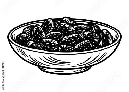 Arab food in bowl icon, Bowl of dried dates on Silhouette background