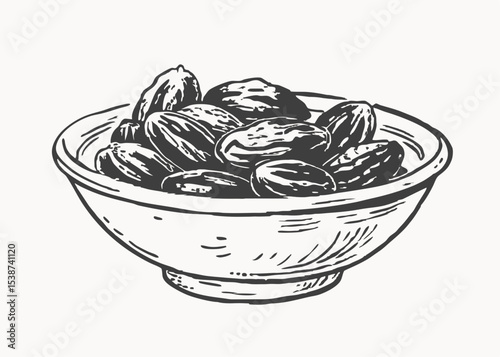 Plenty of dates arranged in a white bowl, vintage style Minimalist concept vector illustration