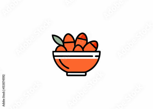 Arab food in bowl icon, Dried dates fruits with white bowl isolated on white background.