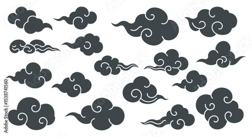 Collection of decorative swirling cloud vectors in monochrome style vector illustration