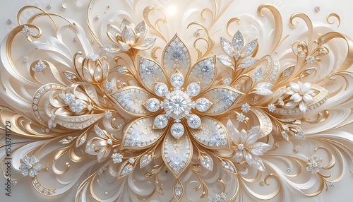 Elegant white flowers with gold accents and crystal embellishments in luxurious 3D style. Perfect for wedding decor, luxury branding, or background designs.