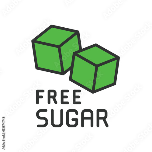 Free sugar, icon in line design, green. Sugar-free, no-sugar, diet, diabetes, healthy, sweetener, label on white background vector. Free sugar, editable stroke icon