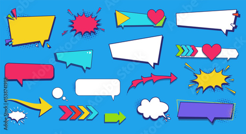 Colorful comic style speech and thought bubbles on blue background vector illustration