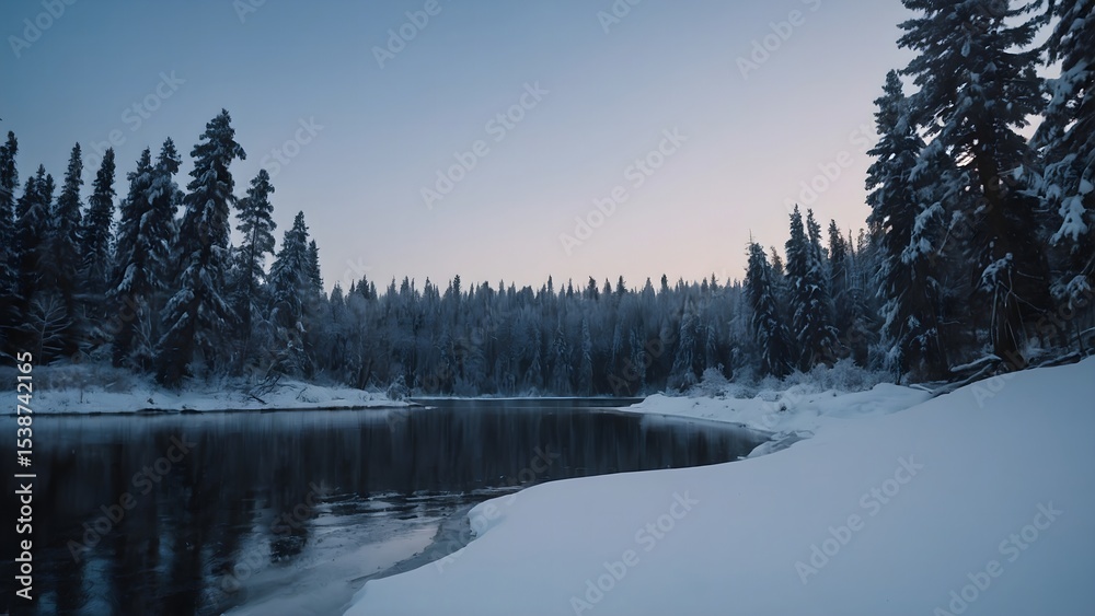 Obraz premium Tranquil Winter Scene with Snow-Covered Trees Reflecting in Calm River