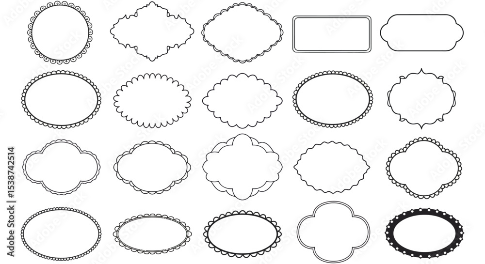 Collection of various blank decorative frames and borders in black outline vector illustration