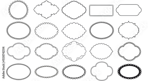 Collection of various blank decorative frames and borders in black outline vector illustration