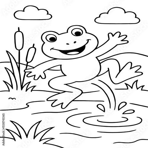 A lively cartoon frog leaps into a pond, splashing water as it lands, drawn in a playful black-and-white outline for coloring.