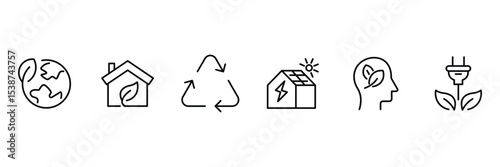 Eco smart sustainable green planet energy home recycle mind solar environment icon set vector illustration line outline.