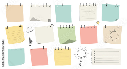 Colorful blank sticky notes and doodles on canvas vector illustration