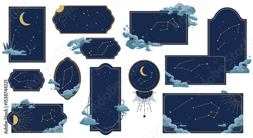 Decorative night sky panels with stars and constellations illustrations vector illustration