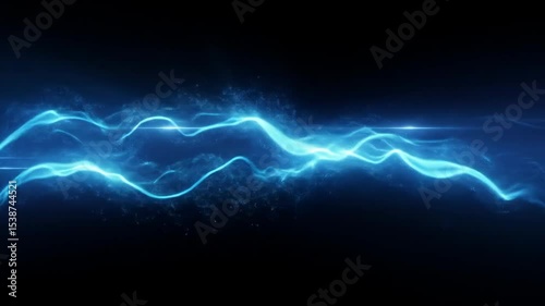 Abstract Blue Energy Wave - Glowing blue energy waves flow across a dark background, creating a dynamic and futuristic visual effect. Bright streaks of light accentuate the movement of the waves.