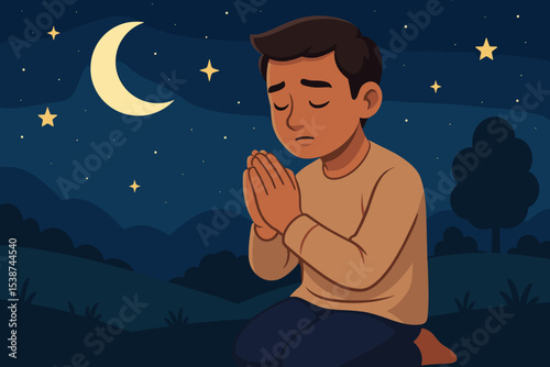 Man praying at night, kneeling in worship. Muslim boy making Dua or Salah prayer during Ramadan. Vector illustration concept of faith, hope, devotion, and spirituality.