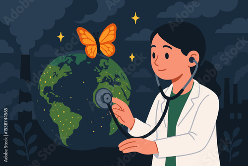 Doctor checking health of planet Earth with stethoscope. Metaphor for environmental care, planetary health, and climate change. Earth Day illustration with pollution and butterfly.
