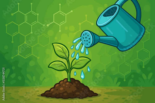 Watering a young plant sprout. Concept of growth, agriculture, and gardening. Scientific background with chemical formulas, representing biotechnology, fertilizer, and soil science.