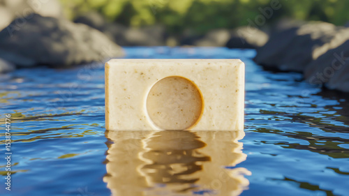 A close-up macro photograph of a white rectangular soap bar with a circular indent in the center, partially submerged in blue rippling water