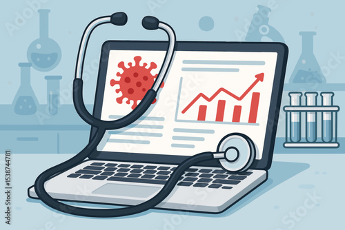 Medical data analysis of a virus pandemic. Stethoscope on a laptop with a rising infection chart. Concept for epidemiology, healthcare analytics, scientific research, and public health.