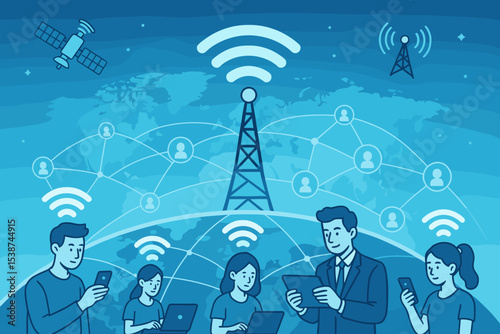 Global connectivity and communication network concept. People using smartphones, tablets, and laptops connected worldwide. Wireless internet, 5G signal tower and satellite.