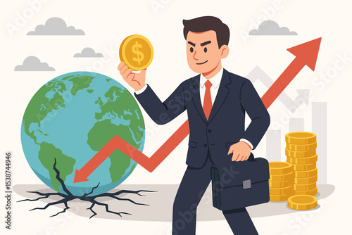 V-shaped economic recovery from global financial crisis concept. Businessman investor manages rebound after recession. World economy growth, investment success and profit.