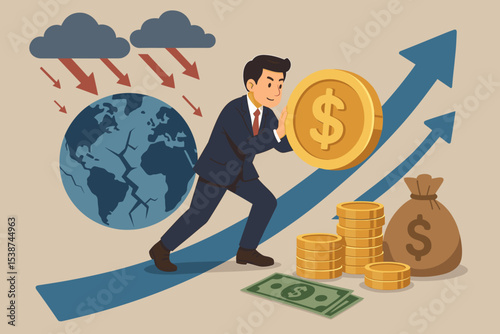 Businessman pushing coin up arrow graph concept for economic recovery. Financial growth after global crisis. Investment, success, and overcoming recession metaphor vector.
