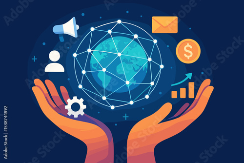Global business and digital marketing strategy concept. Hands holding a connected world with icons for financial growth, technology, communication, data analysis and customer management.