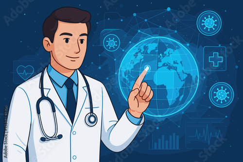 Male doctor pointing at futuristic hologram of Earth. Global health, telemedicine, and digital medical network concept. Virtual data analysis for pandemic, virus research, and future of healthcare.