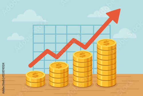 Financial growth and investment success vector concept. Rising stacks of gold dollar coins forming a bar chart with a red upward arrow showing profit, income, and revenue increase.