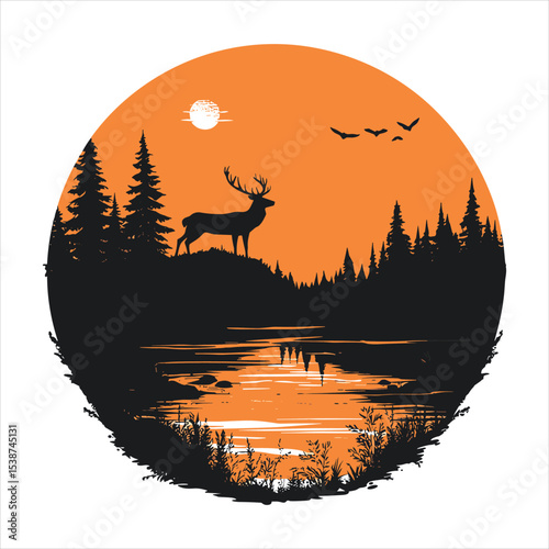 Composition of a circle an with elk staying on the top of the mountain