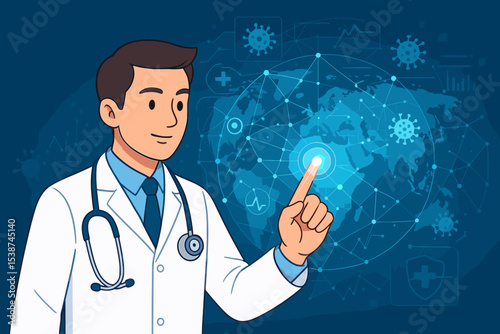 Male doctor interacting with a futuristic digital interface showing a global network. Concept for telemedicine, pandemic virus control, medical data analysis, and healthcare technology.