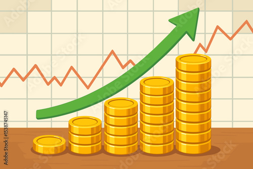 Investment growth and financial success concept. Stacks of gold coins forming a bar chart with a rising green arrow. Business profit, wealth, savings, and income increase.