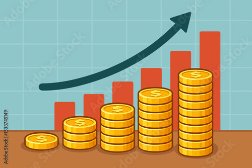 Financial growth illustration with rising stacks of gold coins and upward arrow over a bar graph. Business investment, profit, revenue, and economic success concept. Increased income and savings.