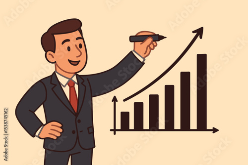 Businessman drawing a financial growth chart with an upward arrow. Business strategy concept for corporate success, investment profit, data analysis, and career progress. Vector.