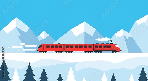 A vibrant illustration of a sleek red train speeding through a snow-covered mountain landscape with towering peaks and pine trees.