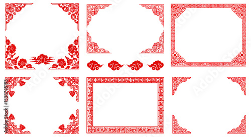 Traditional red chinese decorative borders featuring floral and geometric patterns vector illustration