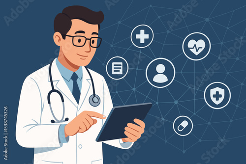 Male doctor using tablet for online consultation. Telemedicine and digital healthcare concept. Physician analyzing patient data, electronic medical record EHR. Modern medicine vector.