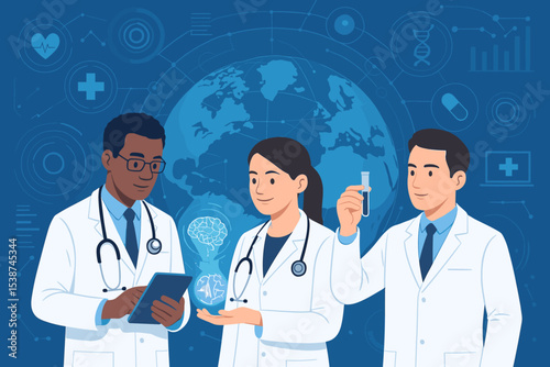 Medical team collaboration for future healthcare solutions. Diverse doctors and scientists with technology. Global health innovation, genetic research, data analysis, telemedicine concept.