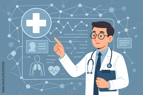Healthcare technology concept. Doctor analyzing patient data on a futuristic digital screen. Physician with stethoscope points at virtual interface with medical chart, heart, lungs icons.