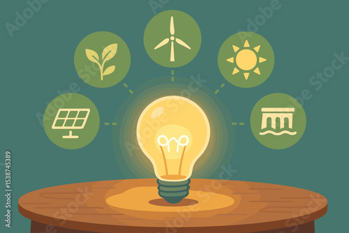 Renewable energy sources concept. Glowing lightbulb symbolizes a green idea. Vector icon set includes solar panel, wind turbine, hydropower, and biomass for sustainable electricity.